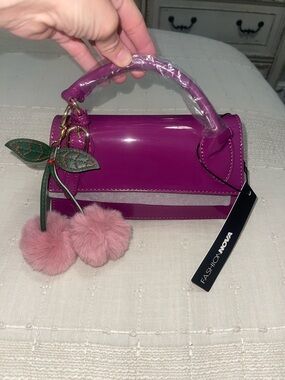 Fashion Nova Fuchsia Patent Mini Top Handle Bag with Pink Pom Charm